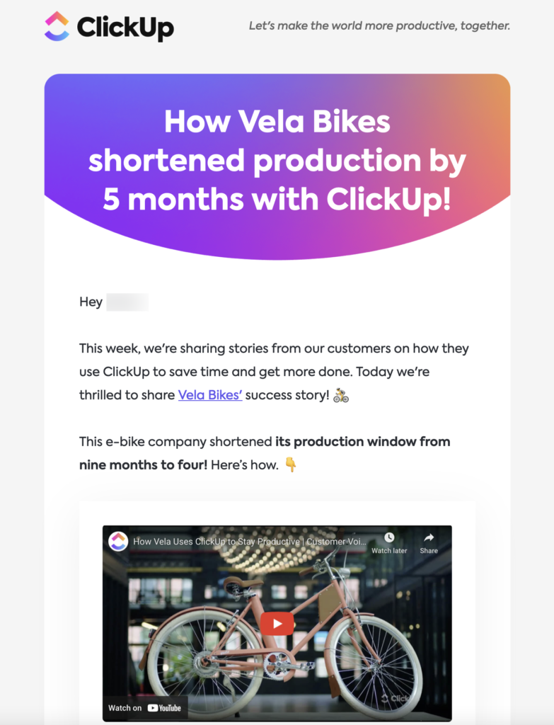 Video testimonial email marketing example