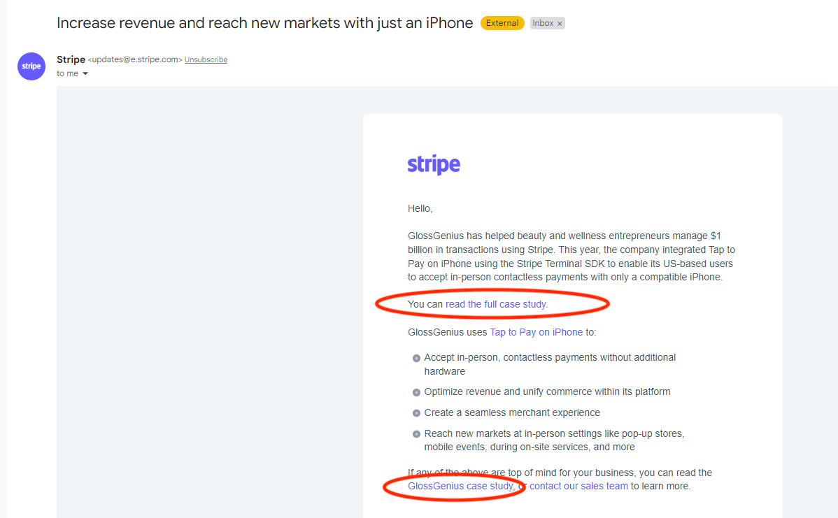 Stripe-GlossGenius case study in email marketing example